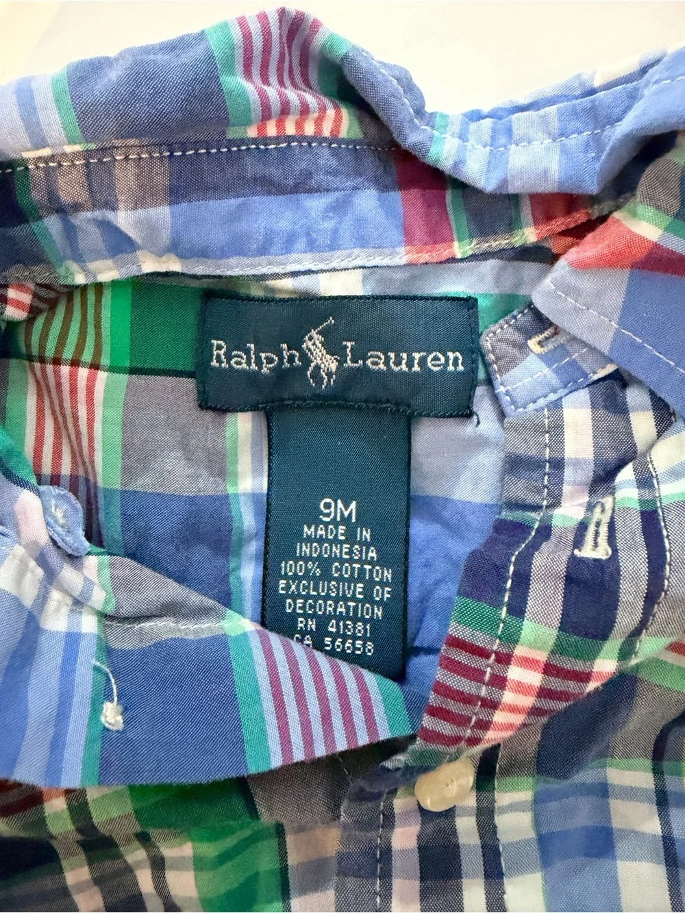 Ralph Lauren Baby Boys Plaid Button Down Shirt Size 9M Blue Green Spring Cotton